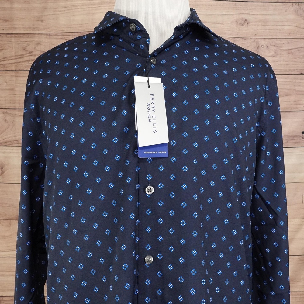 New! Perry Ellis Shirt Mens 2XL Blue Geometric‎ Long Sleeve Button-Up Stretch
